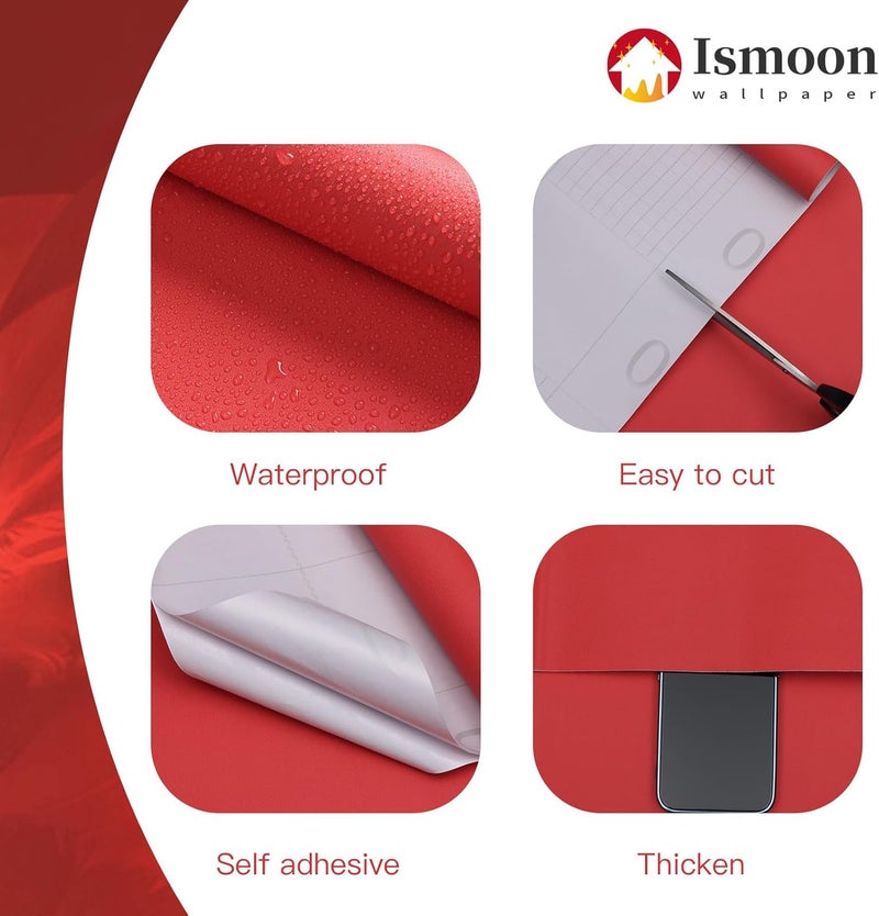 Ismoon 15.7"X118" Wall Paper Peel and Stick Modern Contact Paper Red Wallpaper for Cabinets and Drawers Matte Stick on Wallpaper Removable Self-Adhesive for Bathroom Countertops Vinyl - Image 3